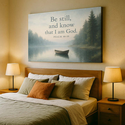 Solitary Boat on a Misty Lake with 'Be Still and Know', Wall Art Canvas