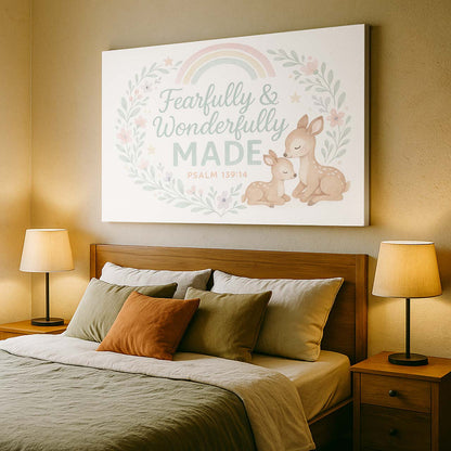 Fearfully & Wonderfully Made Nursery Deer and Rainbow, Wall Art Canvas