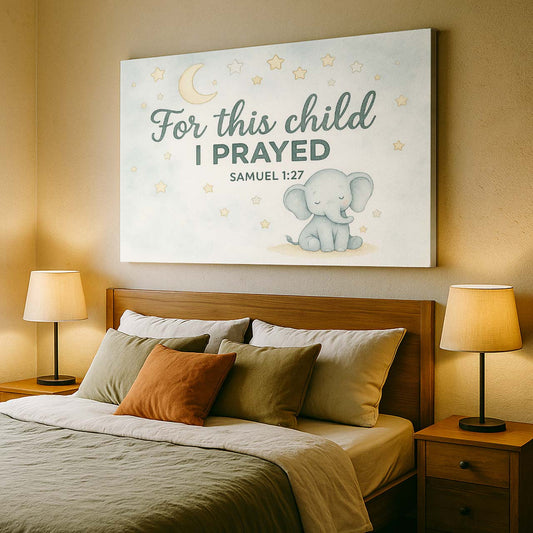 Moon, Stars, and Elephant with ‘For This Child I Prayed’, Wall Art Canvas