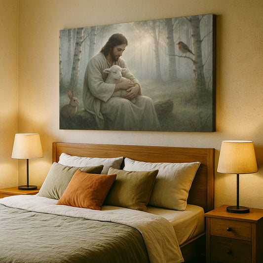 Jesus Embracing a Lamb in a Forest Clearing, Wall Art Canvas