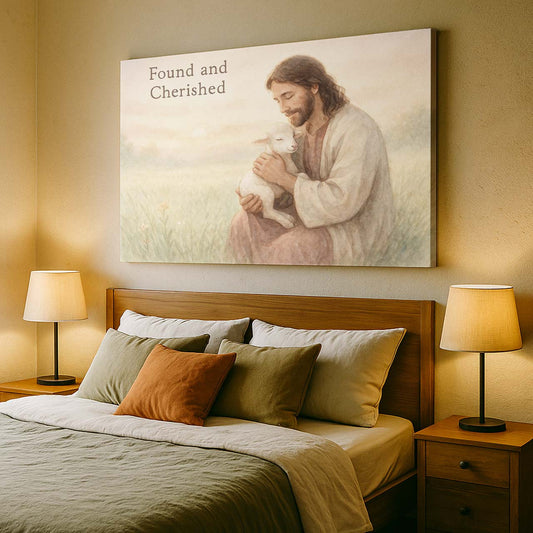 Jesus Cherishing a Lamb at Sunrise in a Field, Wall Art Canvas