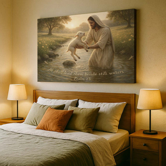 Jesus Rescuing a Lamb in a Gentle Stream, Wall Art Canvas