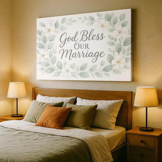 Watercolor Floral Wreath ‘God Bless Our Marriage’, Wall Art Canvas
