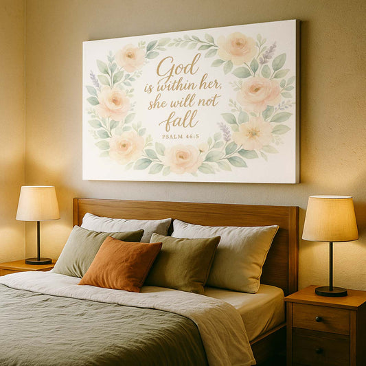 Watercolor Floral Wreath with ‘God is Within Her’ Scripture, Wall Art Canvas