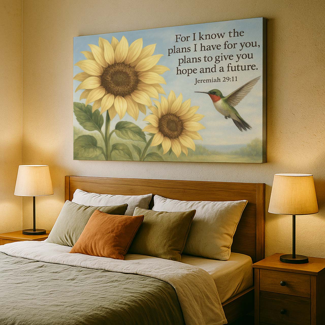 Hummingbird & Sunflowers with Jeremiah 29:11, Wall Art Canvas