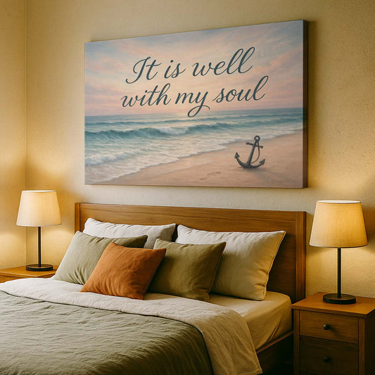 Jesus with Anchor on the Shore ‘It Is Well’, Wall Art Canvas
