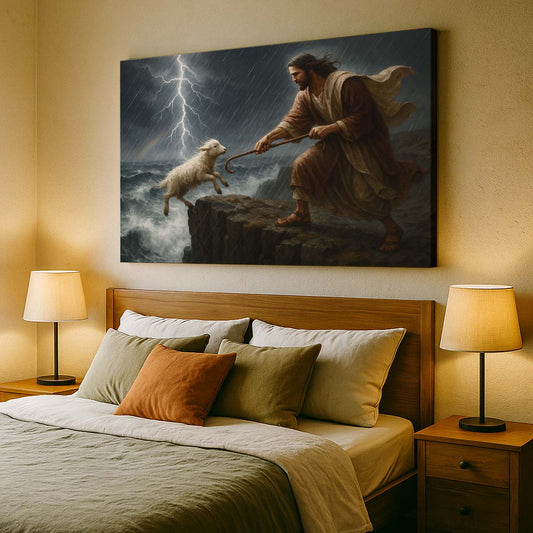 Jesus Rescuing Lamb from Stormy Cliff, Wall Art Canvas