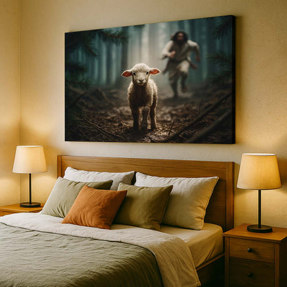 Jesus Chasing a Lost Lamb in the Forest, Wall Art Canvas