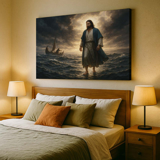 Jesus Walking on Water with Fishermen’s Boat, Wall Art Canvas