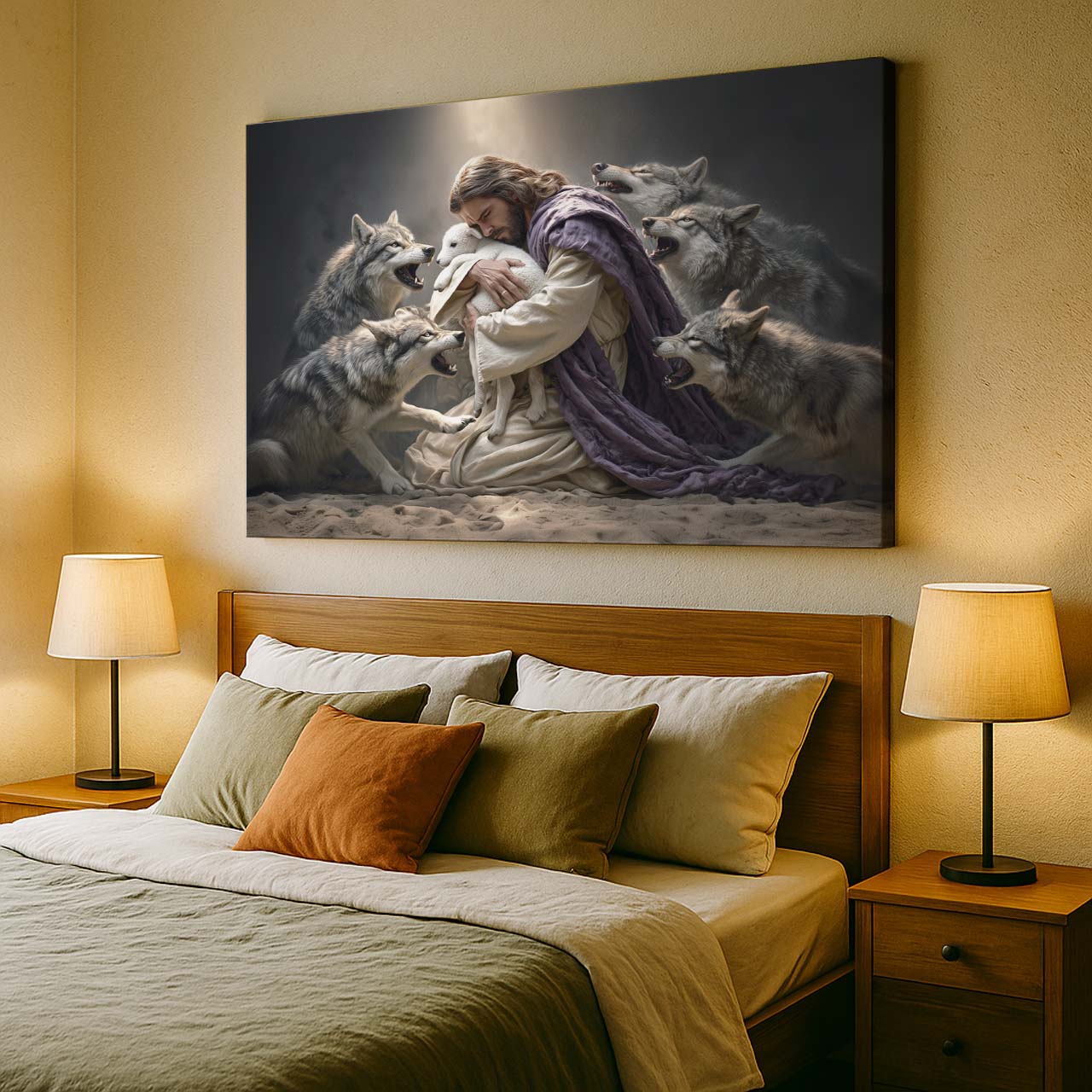 Jesus Embracing the Lamb Surrounded by Wolves – Wall Art Canvas – mock-up 4