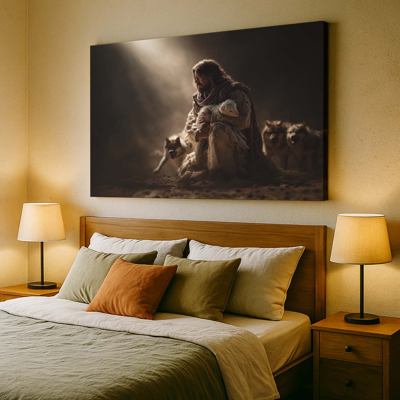 Jesus Shielding the Lamb from Wolves – Christian Wall Art Canvas – mock-up 4