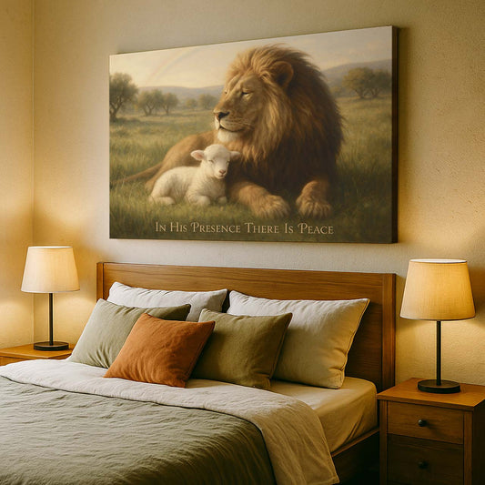 Lion and Lamb in Harmony with Rainbow, Wall Art Canvas