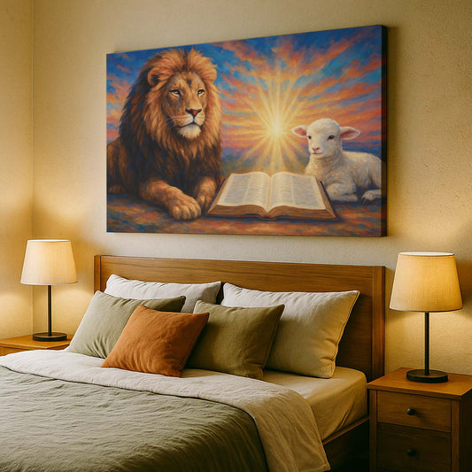 Lion and Lamb Before the Open Bible, Wall Art Canvas