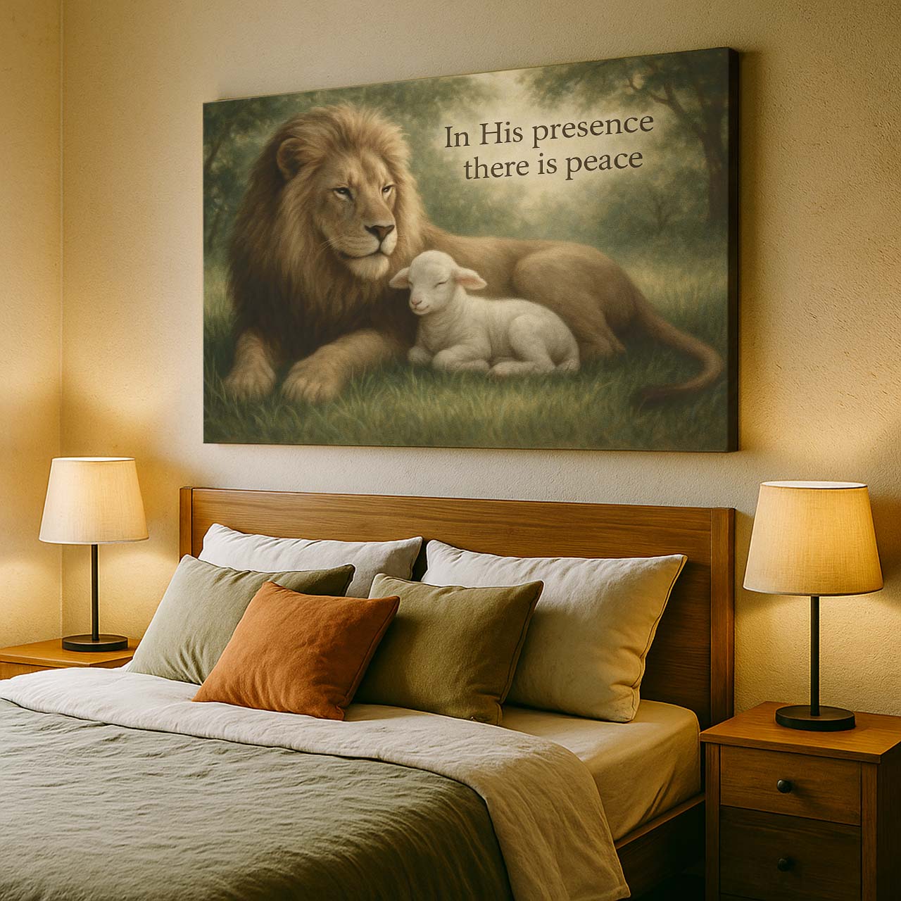 Lion and Lamb Under 'In His Presence There Is Peace', Wall Art Canvas