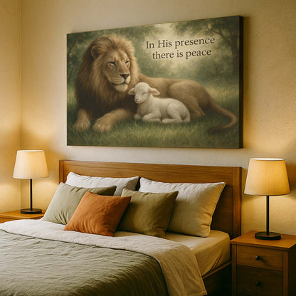 Lion and Lamb Under 'In His Presence There Is Peace', Wall Art Canvas