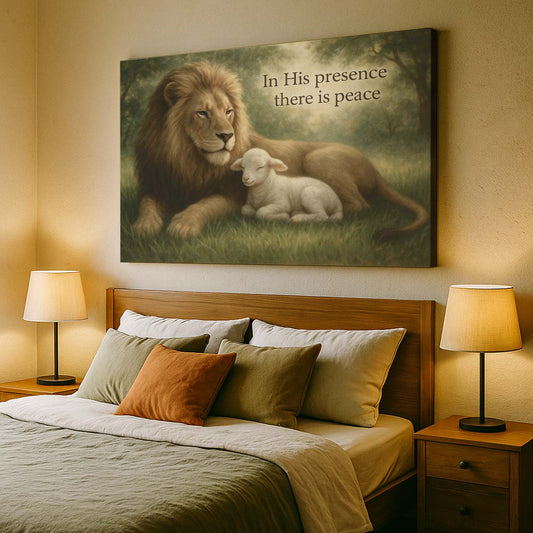 Lion and Lamb Under 'In His Presence There Is Peace', Wall Art Canvas