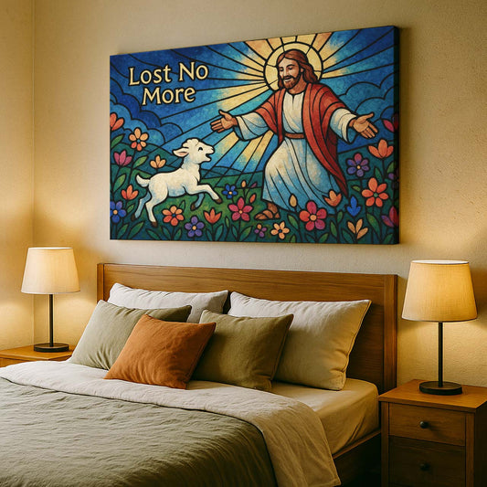 Jesus Reaching Out to the Lamb in Stained Glass, Wall Art Canvas