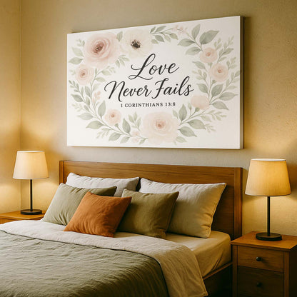 Love Never Fails 1 Corinthians 13:8 Floral Design, Wall Art Canvas