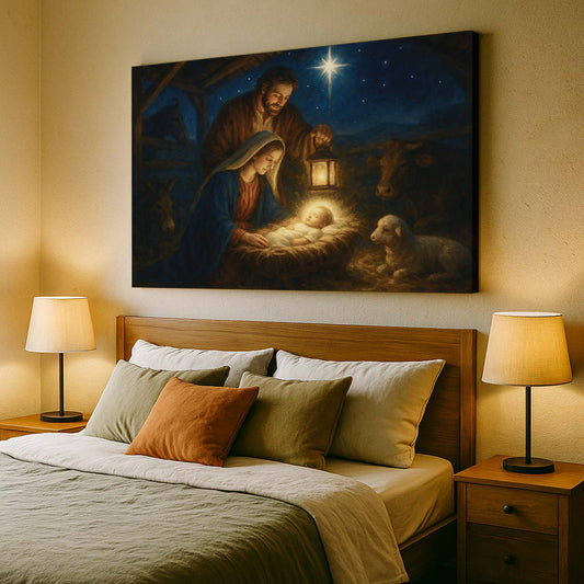 Nativity Scene Illuminated by 'O Holy Night', Wall Art Canvas