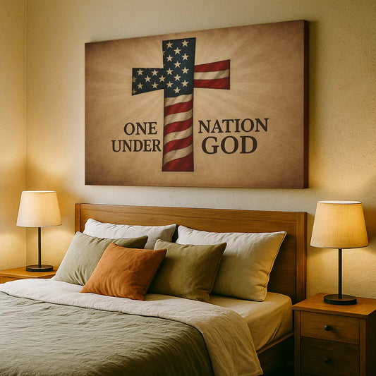 American Flag Cross Adorned by 'One Nation Under God' Typography, Wall Art Canvas