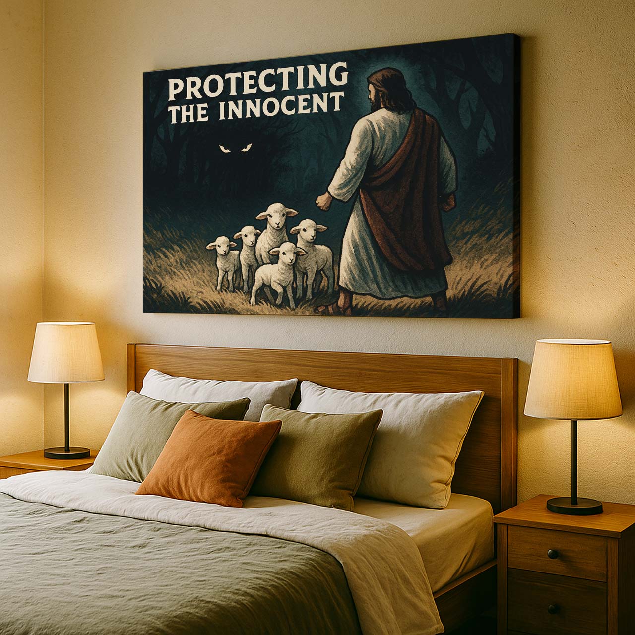 Jesus Protecting the Lambs in the Dark, Wall Art Canvas