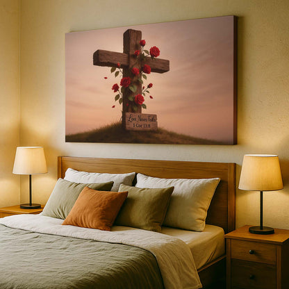 Wild Roses Entwined on Rustic Cross, Wall Art Canvas
