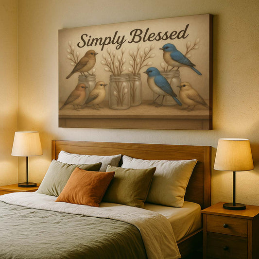 'Simply Blessed' Rustic Farmhouse Birds, Wall Art Canvas
