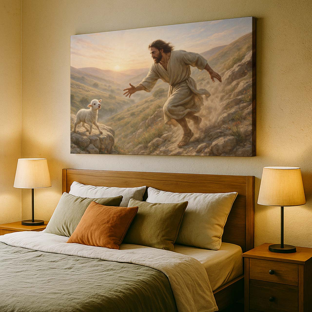 Jesus Holding Lamb Over Green Pasture, Wall Art Canvas