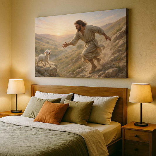 Jesus Holding Lamb Over Green Pasture, Wall Art Canvas
