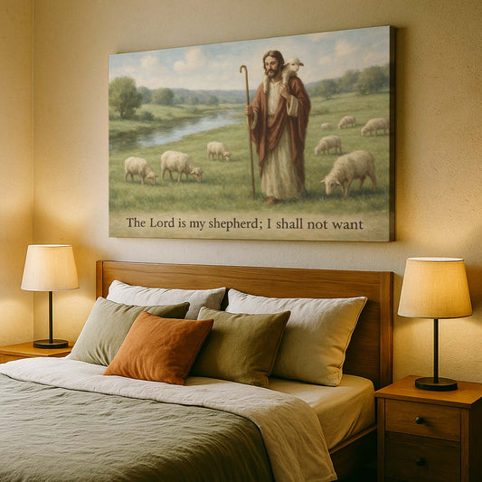 Jesus Carrying Lamb by a River, Wall Art Canvas