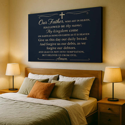 Our Father The Lord’s Prayer in Gold Script on Dark Background, Wall Art Canvas