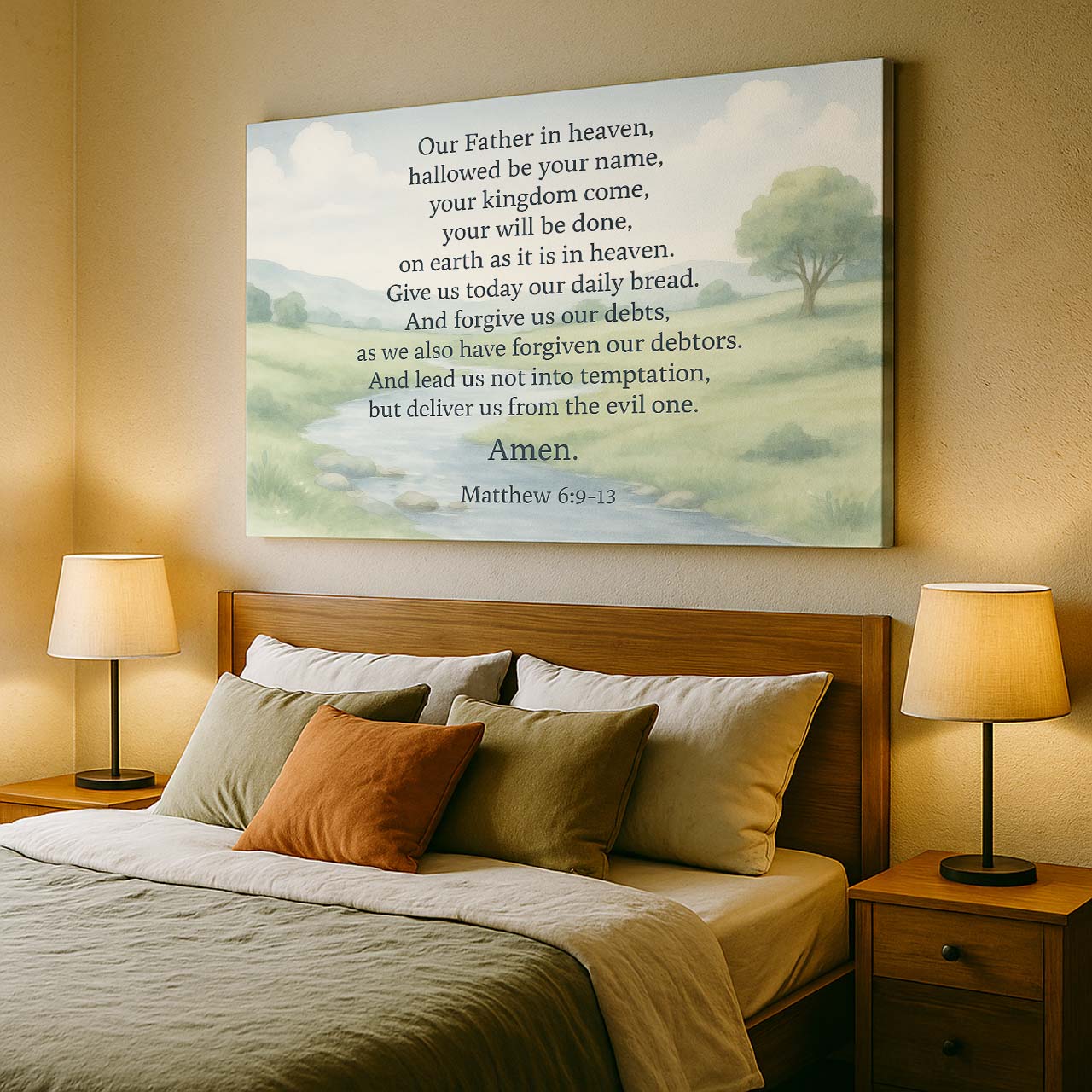 Our Father The Lord’s Prayer Matthew 6:9-13 on Pastoral Landscape, Wall Art Canvas