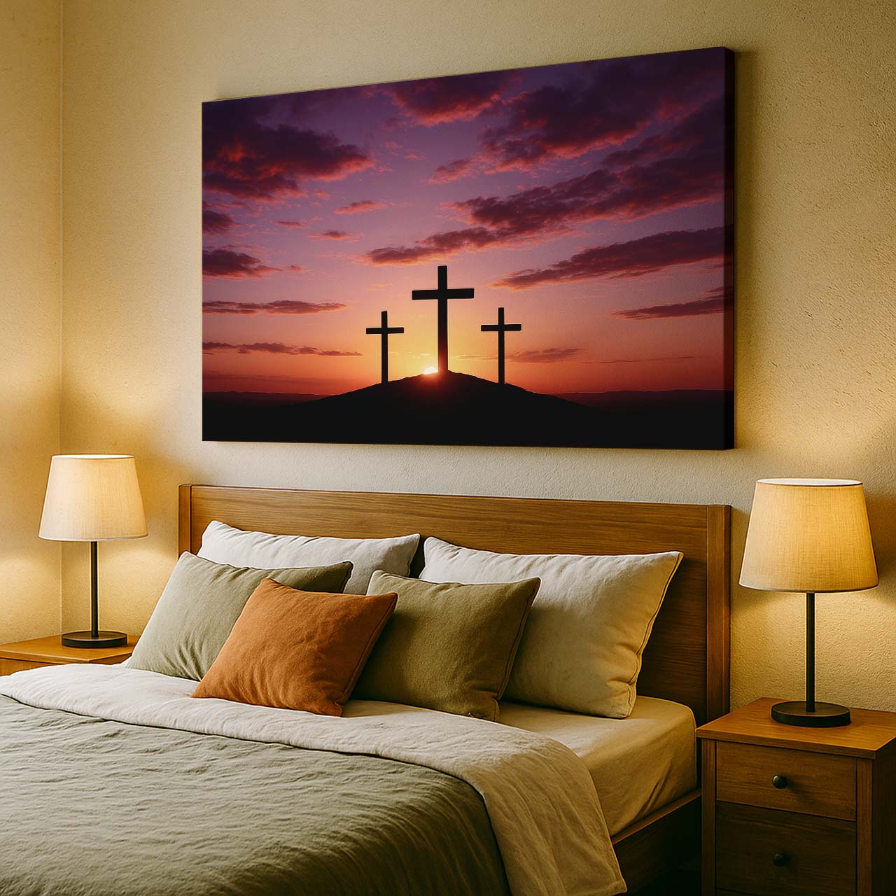 Three Crosses Silhouette at Sunset, Wall Art Canvas