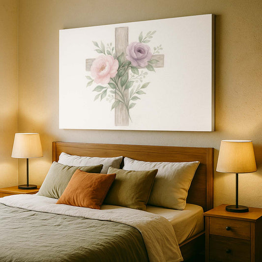 Spring Floral Watercolor Cross, Wall Art Canvas