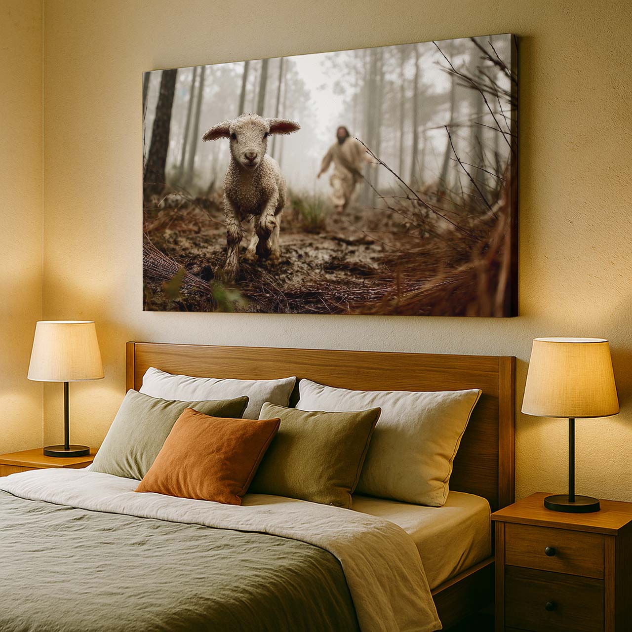 Jesus Running After a Lost Lamb in the Forest, Wall Art Canvas – mock-up 4