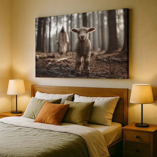 Lost Lamb Standing in the Forest – Christian Wall Art Canvas – mock-up 2