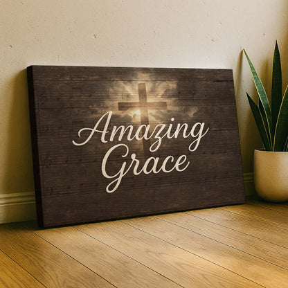 Amazing Grace Hymn Lyrics with Radiant Cross on Wood, Wall Art Canvas