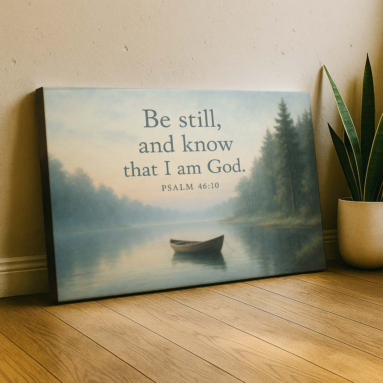 Solitary Boat on a Misty Lake with 'Be Still and Know', Wall Art Canvas