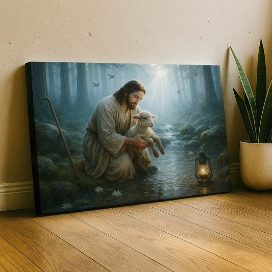 Jesus Rescuing the Lamb by the Brookside Stream, Wall Art Canvas