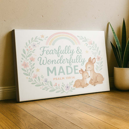 Fearfully & Wonderfully Made Nursery Deer and Rainbow, Wall Art Canvas