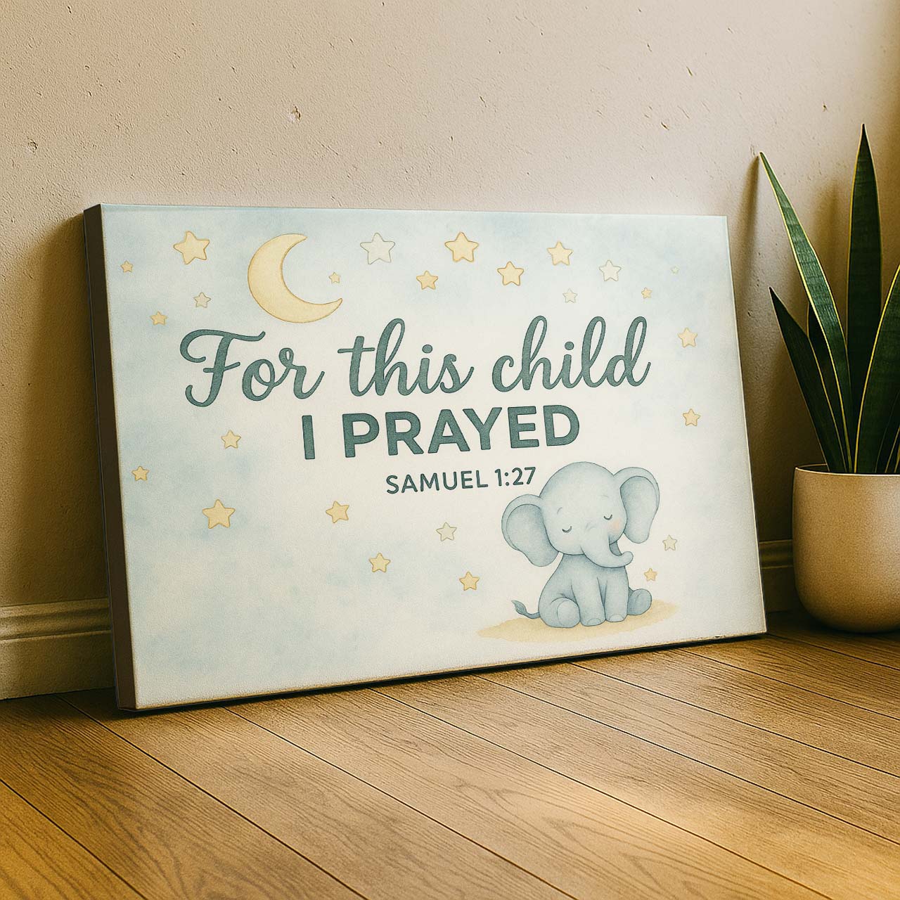 Moon, Stars, and Elephant with ‘For This Child I Prayed’, Wall Art Canvas