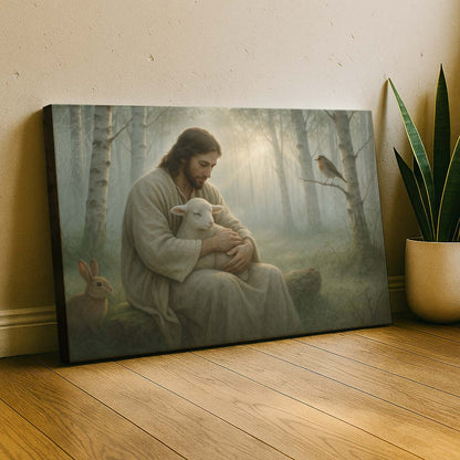 Jesus Embracing a Lamb in a Forest Clearing, Wall Art Canvas