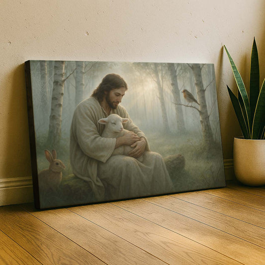 Jesus Embracing a Lamb in a Forest Clearing, Wall Art Canvas