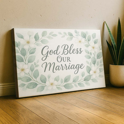 Watercolor Floral Wreath ‘God Bless Our Marriage’, Wall Art Canvas