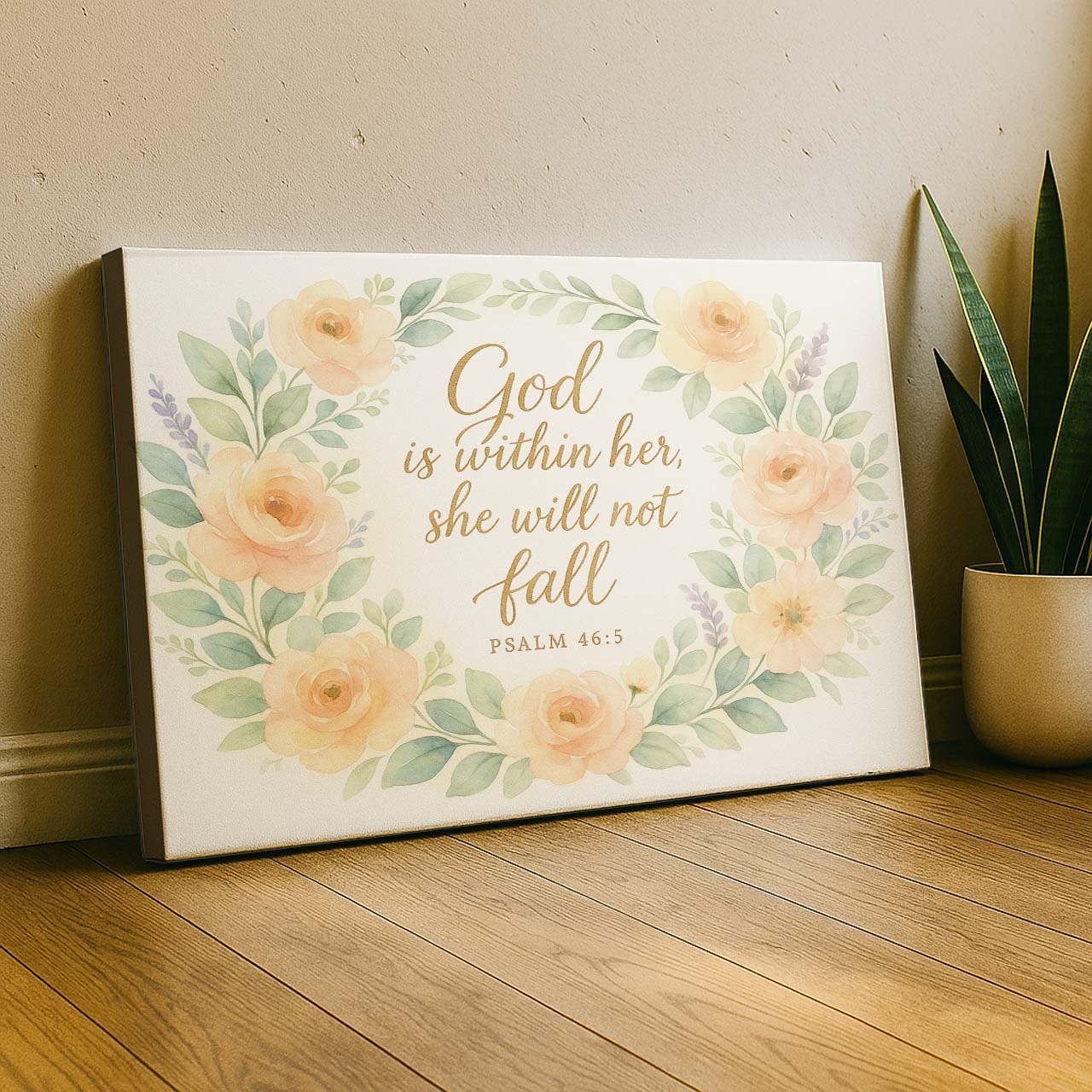 Watercolor Floral Wreath with ‘God is Within Her’ Scripture, Wall Art Canvas