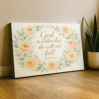 Watercolor Floral Wreath with ‘God is Within Her’ Scripture, Wall Art Canvas