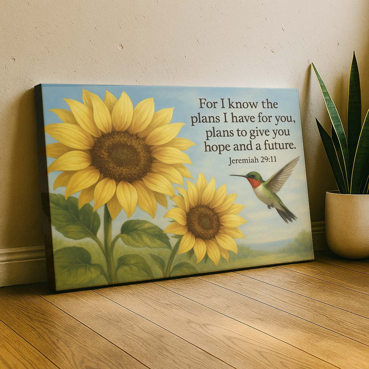 Hummingbird & Sunflowers with Jeremiah 29:11, Wall Art Canvas