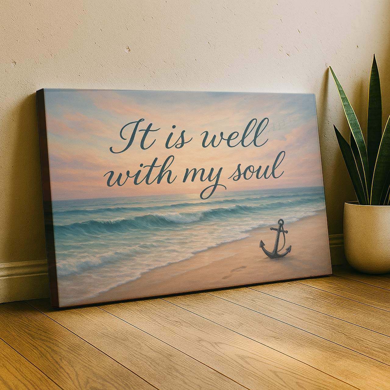 Jesus with Anchor on the Shore ‘It Is Well’, Wall Art Canvas