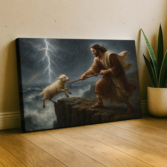 Jesus Rescuing Lamb from Stormy Cliff, Wall Art Canvas