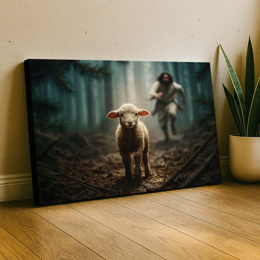Jesus Chasing a Lost Lamb in the Forest, Wall Art Canvas